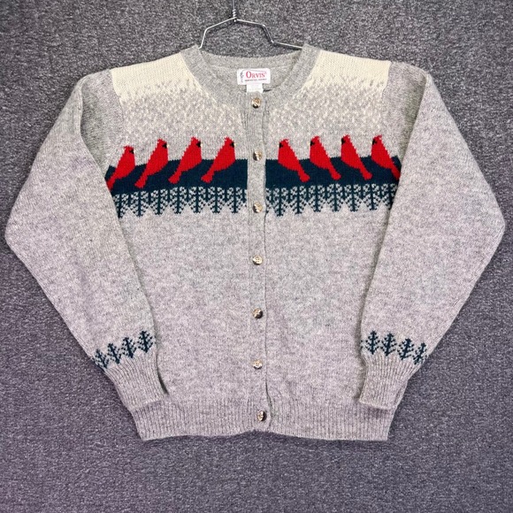 Orvis Sweaters - Orvis Cardinal Bird Cardigan Womens 42 Grey Shetland Wool Fair Isle Cabin Nature